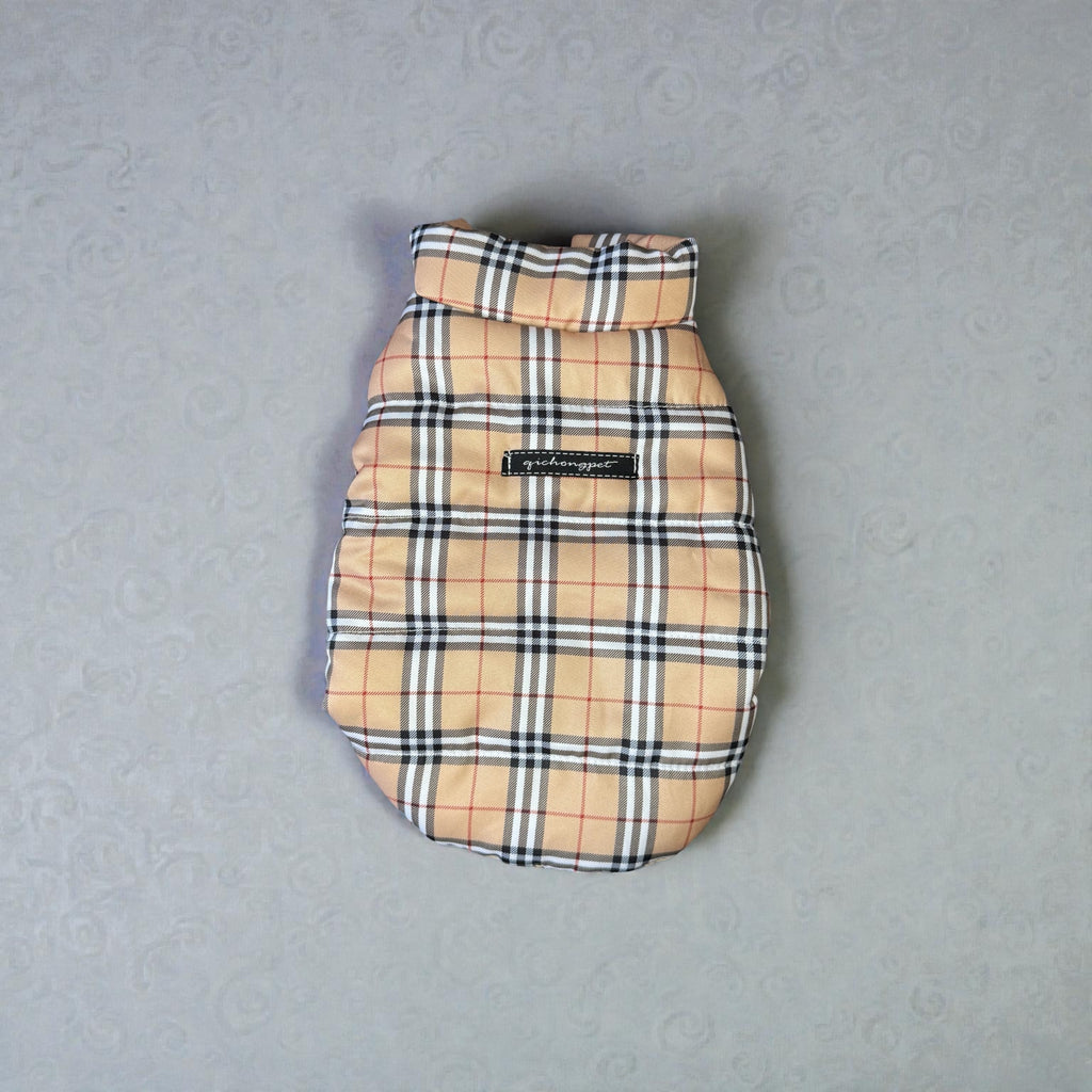 Plaid Puffer Vest – Beige Check