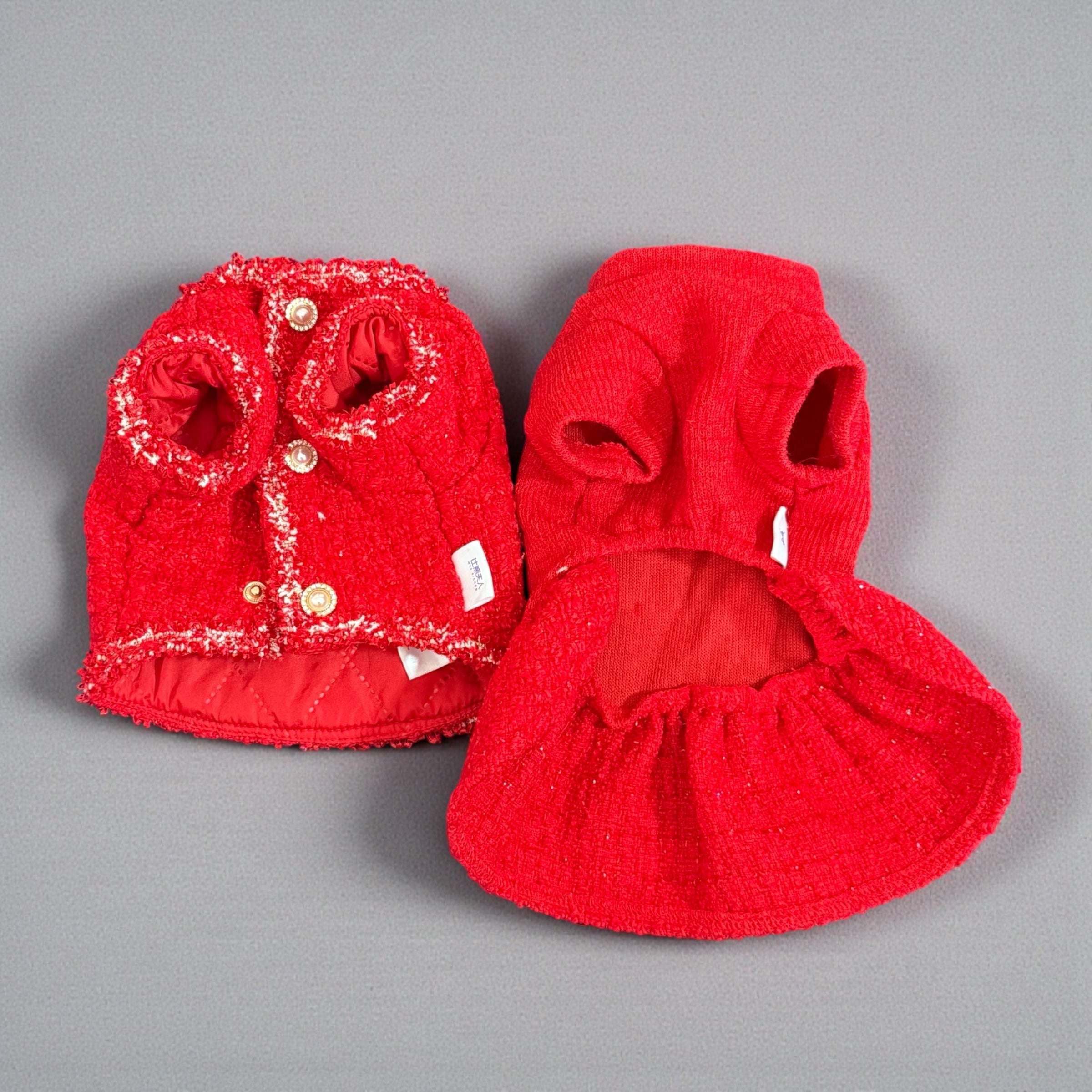 Red Tweed Dog Dress Set with Warm Jacket