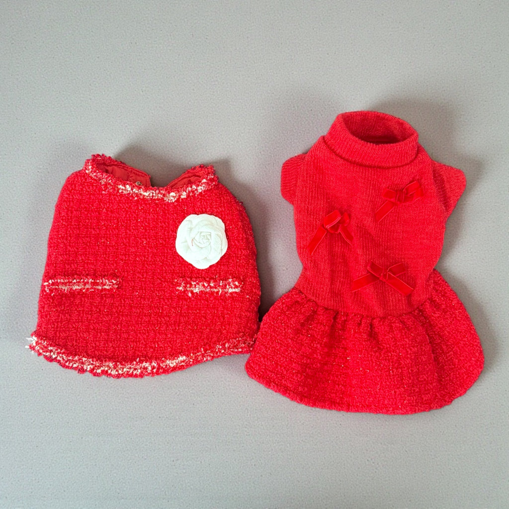 Red Tweed Dog Dress Set with Warm Jacket