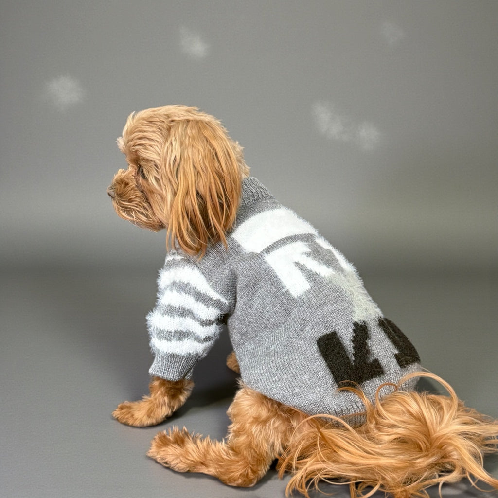 Gray Soft Knit Dog Sweater with White Stripes & Letters
