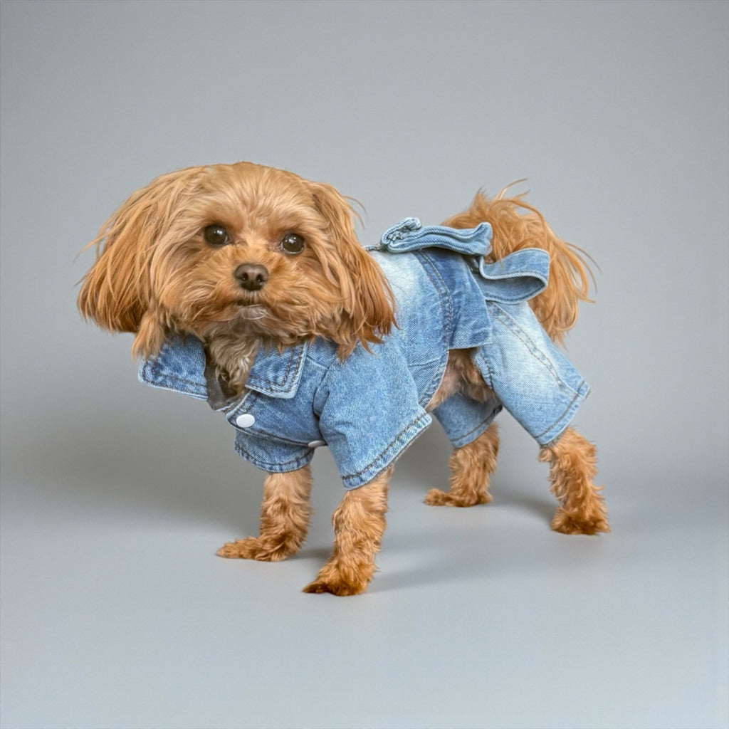 Denim Fleece-Lined Dog Jumpsuit with Harness Ring