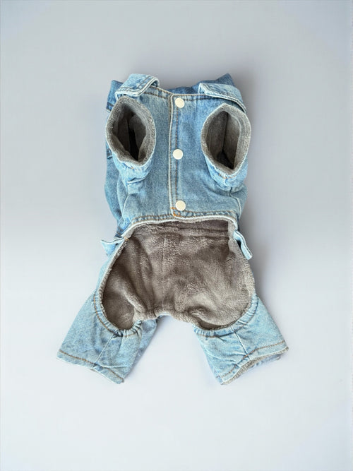 Denim Fleece-Lined Dog Jumpsuit with Harness Ring